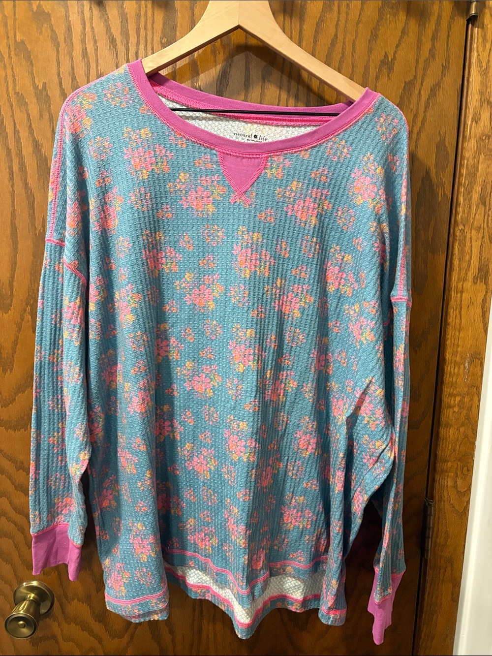 Natural Life Waffle Knit Thermal Dolman Blue Pink Floral Lounge Pajama Top XL